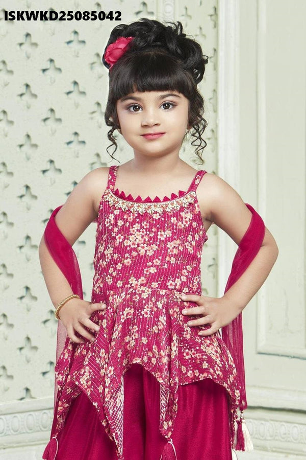 Kid's Printed Cotton Silk Top With Palazzo And Net Dupatta-ISKWKD25085042