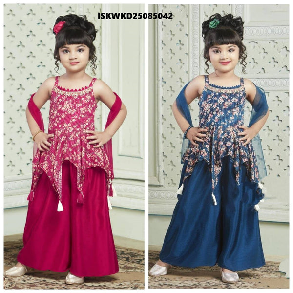 Kid's Printed Cotton Silk Top With Palazzo And Net Dupatta-ISKWKD25085042