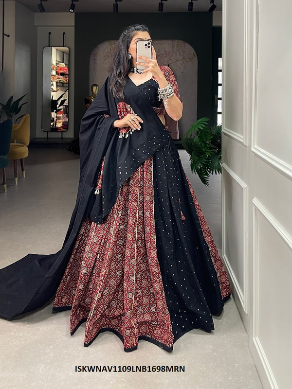 Printed Cotton Lehenga With Blouse And Dupatta-ISKWNAV1109LNB1698MRN
