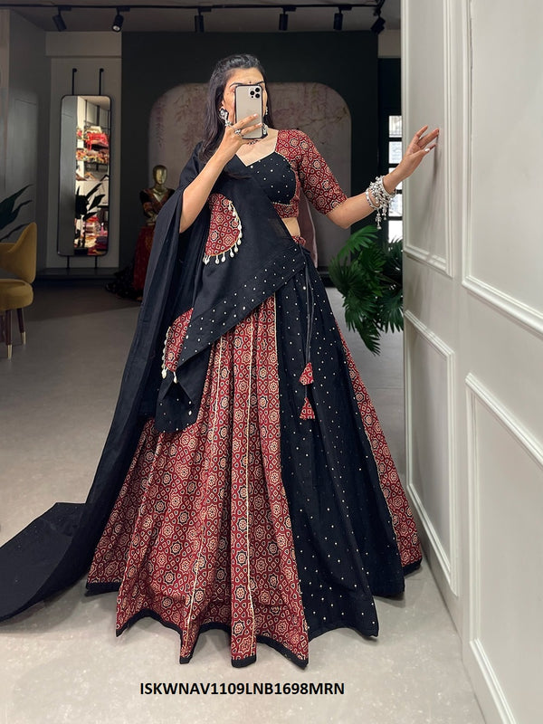 Printed Cotton Lehenga With Blouse And Dupatta-ISKWNAV1109LNB1698MRN