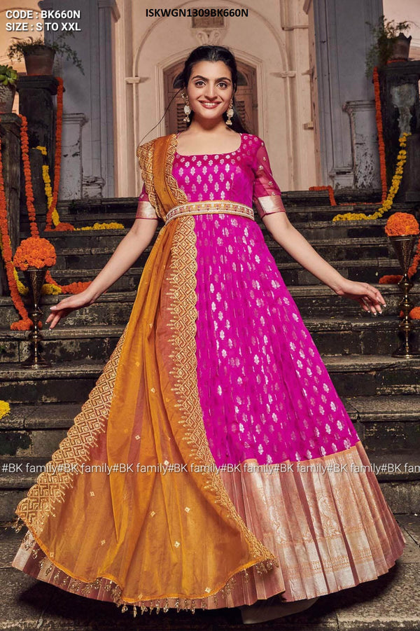 Embroidered Banarasi Silk Gown With Organza Dupatta-ISKWGN1309BK660N