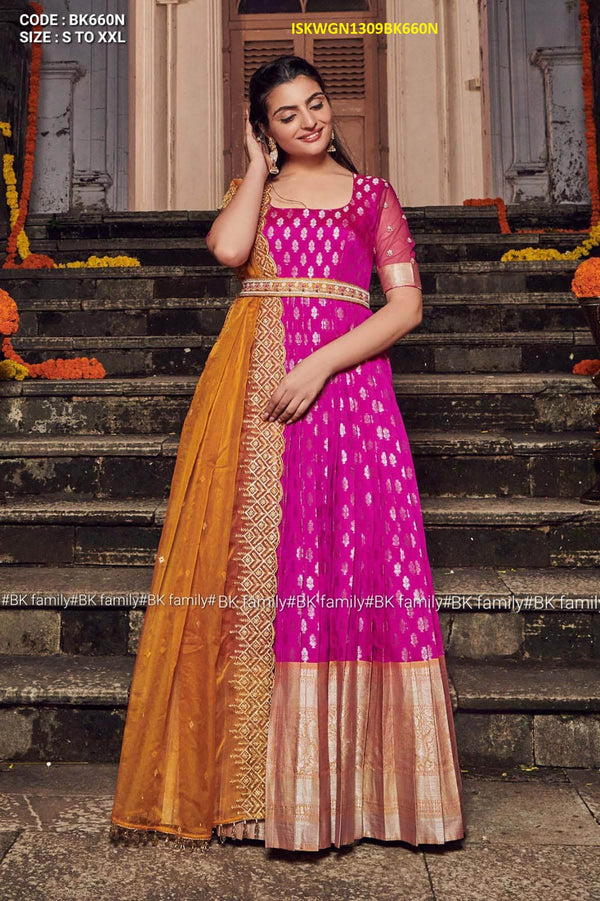 Embroidered Banarasi Silk Gown With Organza Dupatta-ISKWGN1309BK660N