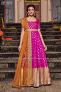 Embroidered Banarasi Silk Gown With Organza Dupatta-ISKWGN1309BK660N