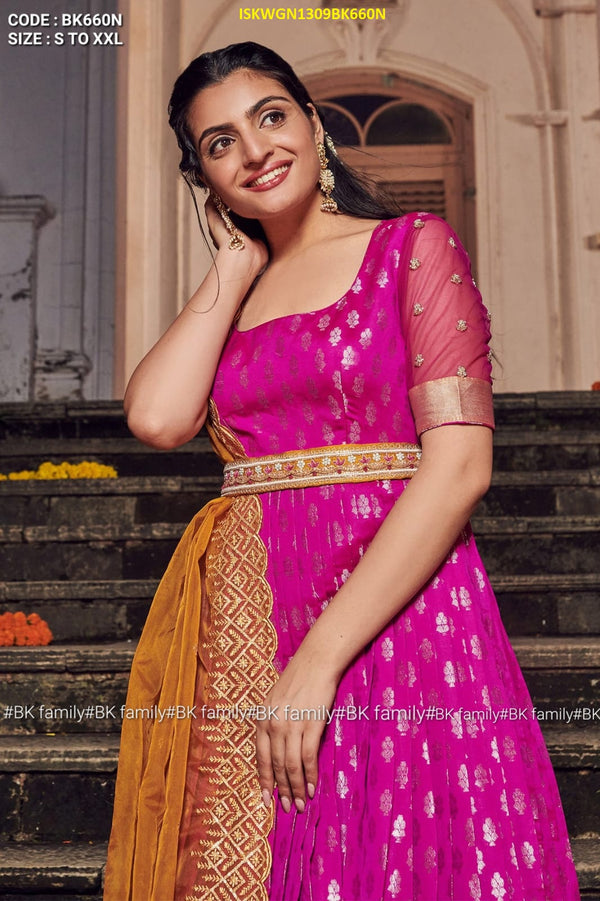 Embroidered Banarasi Silk Gown With Organza Dupatta-ISKWGN1309BK660N