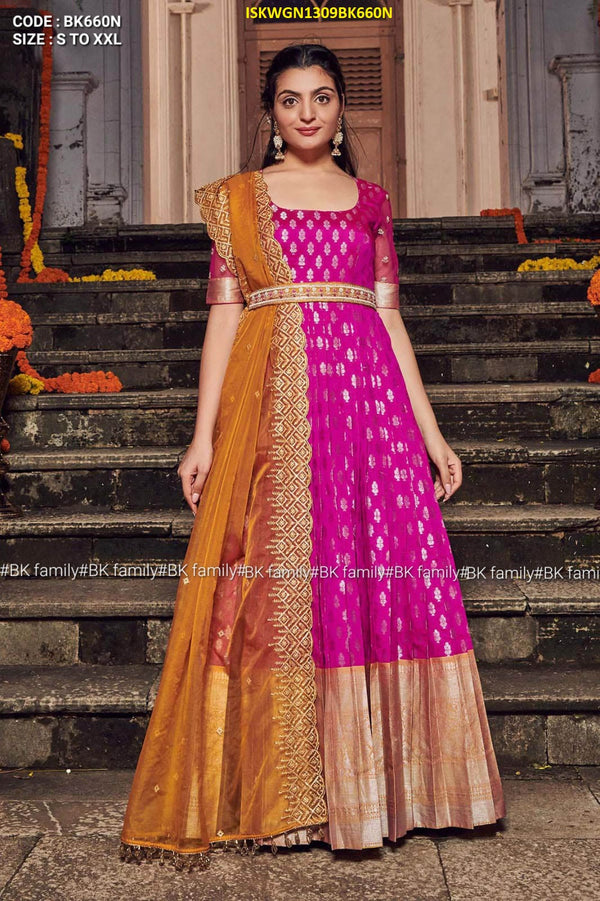 Embroidered Banarasi Silk Gown With Organza Dupatta-ISKWGN1309BK660N