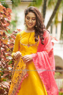 Silk Gown With Floral Printed Linen Dupatta-ISKWGN1509BK663N