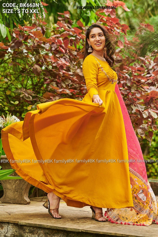 Silk Gown With Floral Printed Linen Dupatta-ISKWGN1509BK663N