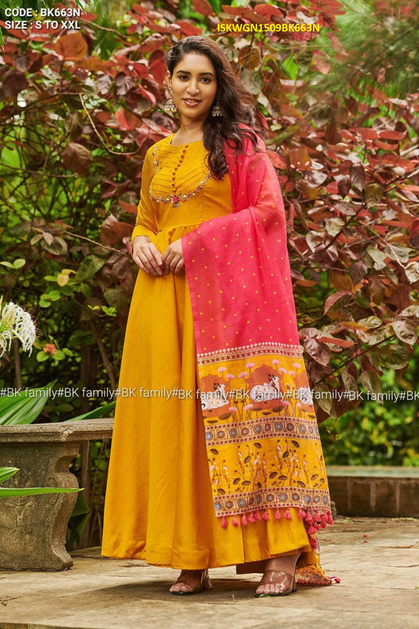 Silk Gown With Floral Printed Linen Dupatta-ISKWGN1509BK663N