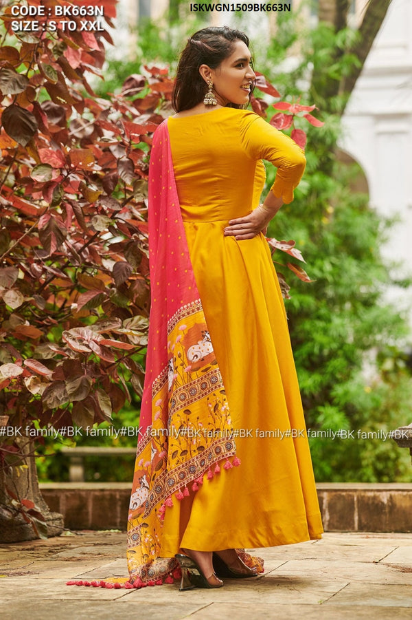 Silk Gown With Floral Printed Linen Dupatta-ISKWGN1509BK663N