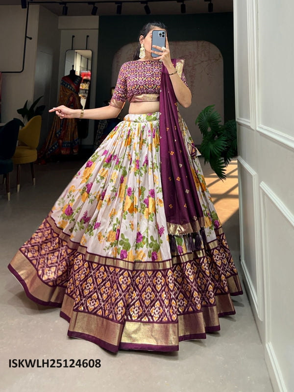 Floral And Patola Printed Tussar Silk Lehenga With Blouse And Dupatta-ISKWLH25124608