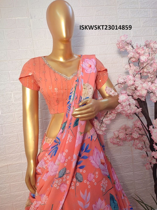 Printed Georgette 2 Layered Skirt With Blouse And Dupatta-ISKWSKT23014859