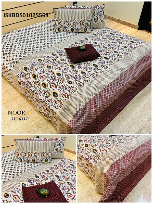 Printed Cotton Bedsheet With Pillow Cover And Cushion Set-ISKBDS01025553