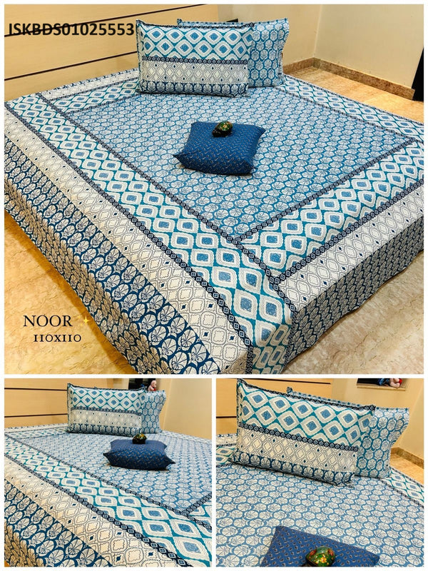 Printed Cotton Bedsheet With Pillow Cover And Cushion Set-ISKBDS01025553