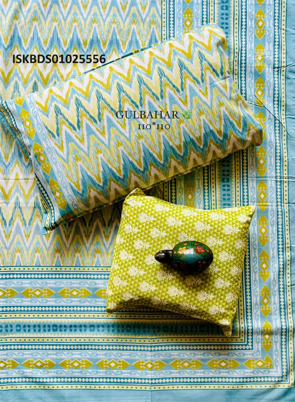 Printed Cotton Bedsheet With Pillow Cover And Cushion Set-ISKBDS01025556