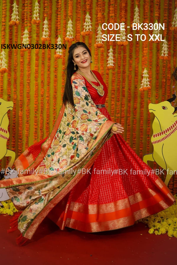 Silk Weaving Gown With Kalamkari Printed Dupatta-ISKWGN0302BK330N