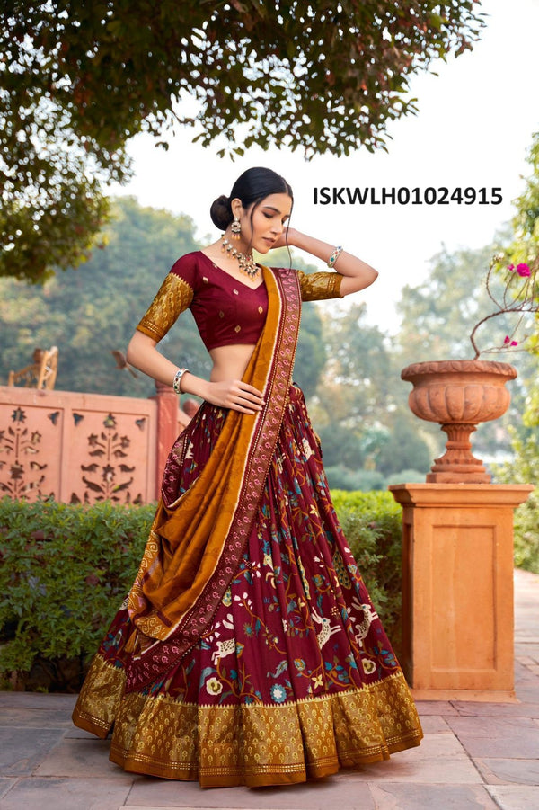 Foil Printed Tussar Silk Lehenga With Blouse And Dupatta-ISKWLH01024915