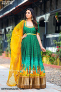 Kalamkari Printed Banarasi Silk Gown With Organza Dupatta-ISKWGN0602BK735N