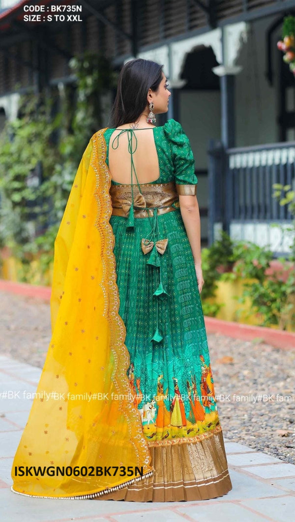 Kalamkari Printed Banarasi Silk Gown With Organza Dupatta-ISKWGN0602BK735N