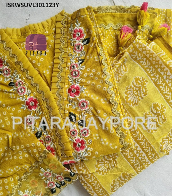 Bandhani Printed Cotton Kurti With Pant And Organza Dupatta-ISKWSUVL301123Y