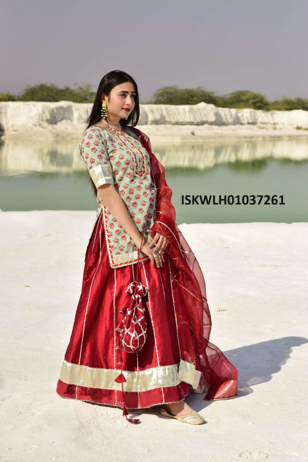 Cotton Silk Lehenga With Printed Cotton Top And Organza Dupatta-ISKWLH01037261