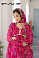 Bandhej Printed Chiffon Kurti With Cotton Silk Pant And Chiffon Dupatta-ISKWSU010378450