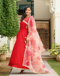 Sequined Rayon Gown With Floral Printed Organza Dupatta-ISKWGN010277595