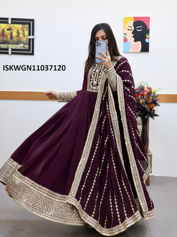 Embroidered Georgette Gown With Dupatta-ISKWGN11037120