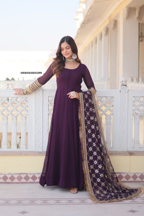 Embroidered Georgette Gown With Dupatta-ISKWGN20031099