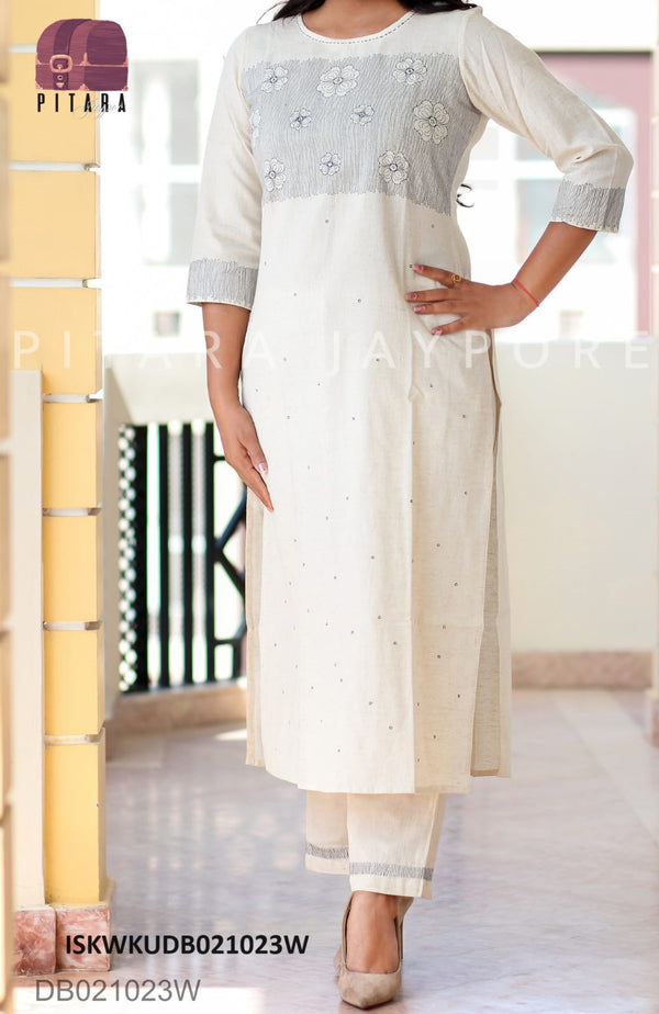 Khadi Cotton Kurti With Embroidered Pant-ISKWKUDB021023W