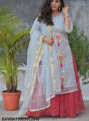 Bandhej Printed Kota Doriya Skirt With Kurti And Dupatta-ISKWSKT3003VC2848
