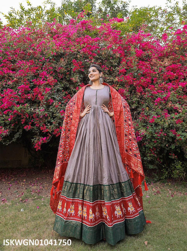 Patola Foil Printed Dola Silk Gown With Dupatta-ISKWGN01041750