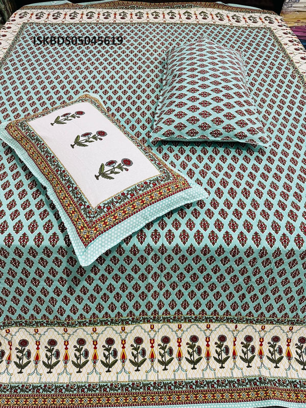 Cotton Jaipuri Printed King Size Bedsheet With Zipped Pillow Cover-ISKBDS05045619