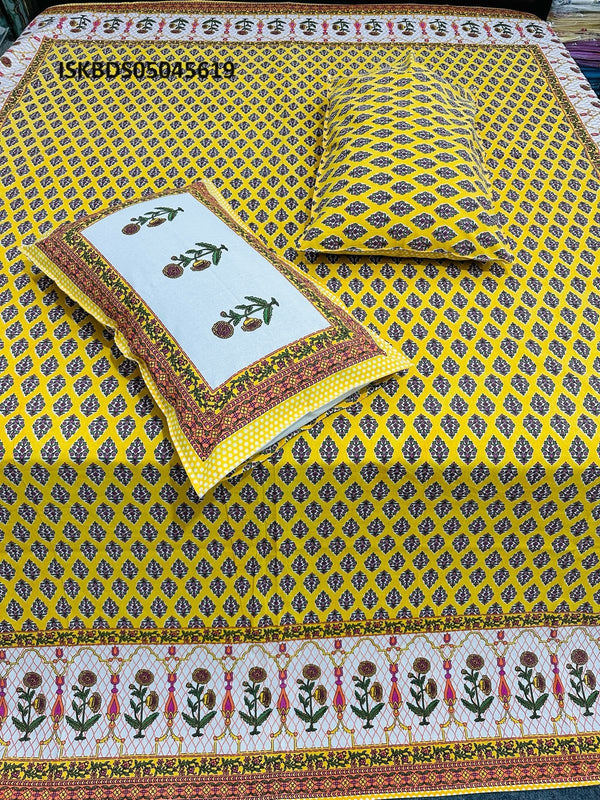 Cotton Jaipuri Printed King Size Bedsheet With Zipped Pillow Cover-ISKBDS05045619