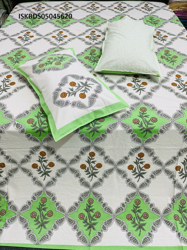 Cotton Jaipuri Printed King Size Bedsheet With Zipped Pillow Cover-ISKBDS05045620