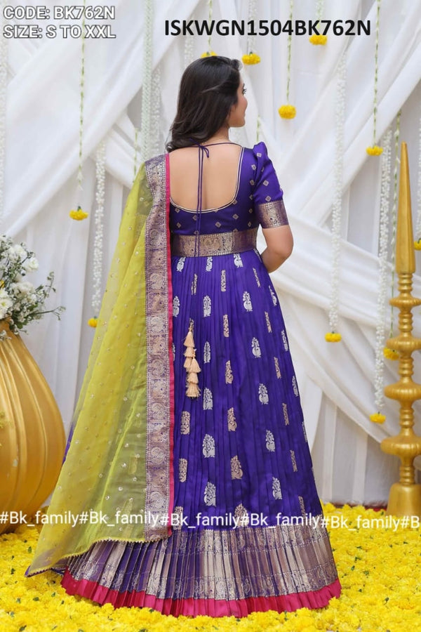 Embroidered Banarasi Silk Gown With Organza Dupatta-ISKWGN1504BK762N