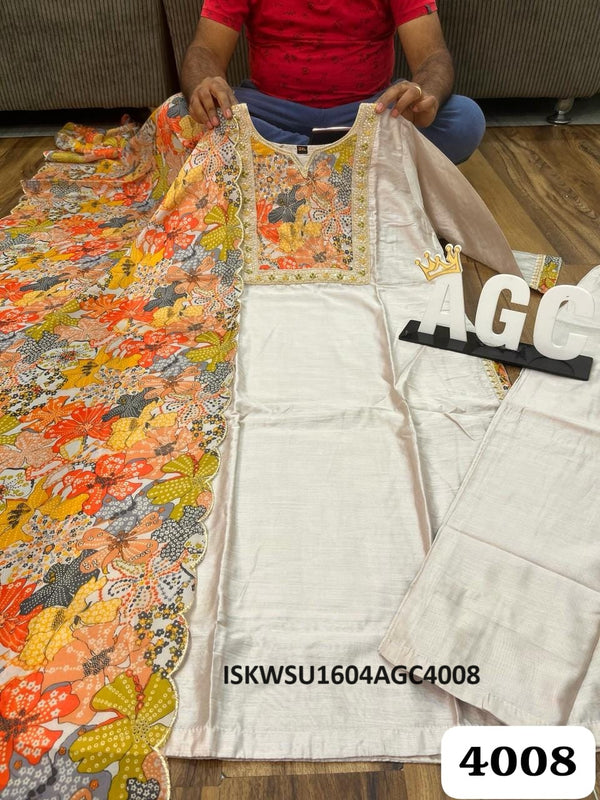 Chanderi Silk Kurti With Pant And Floral Printed Dupatta-ISKWSU1604AGC4008