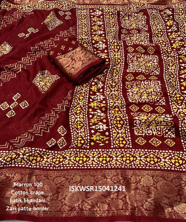 Bandhani Printed Crepe Cotton Saree With Blouse-ISKWSR15041241