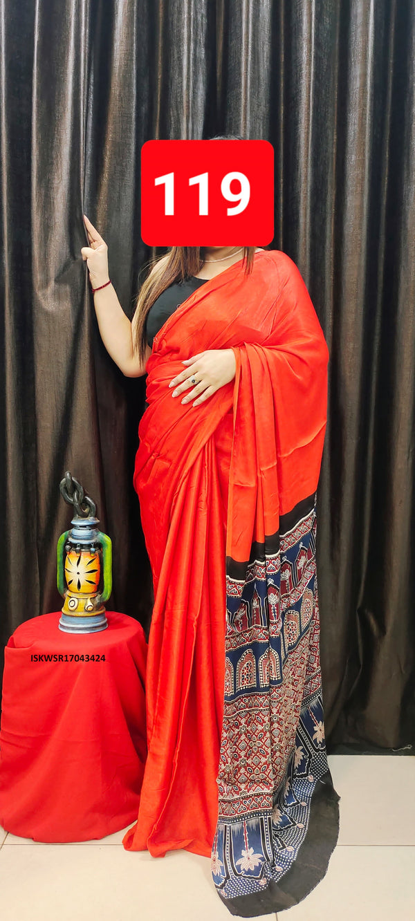Ajrakh Printed Modal Silk Saree With Blouse-ISKWSR17043424
