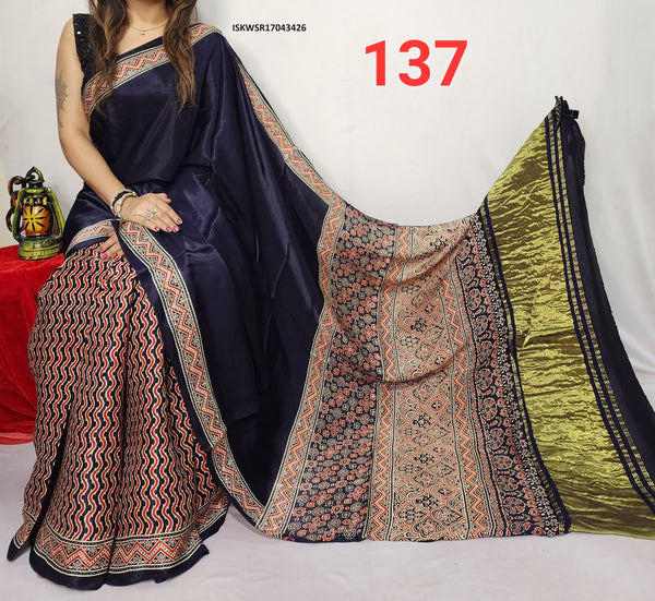 Hand Block Ajrakh Printed Modal Silk Saree With Blouse-ISKWSR17043426