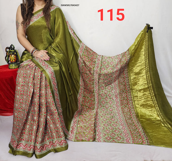 Hand Block Ajrakh Printed Modal Silk Saree With Blouse-ISKWSR17043427