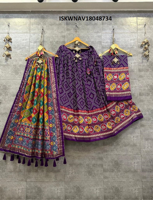 Digital Printed Tussar Silk Lehenga With Blouse And Dupatta-ISKWNAV18048734