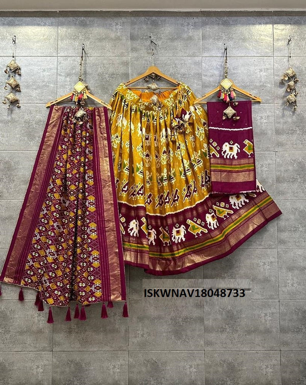 Digital Printed Tussar Silk Lehenga With Blouse And Dupatta-ISKWNAV18048733
