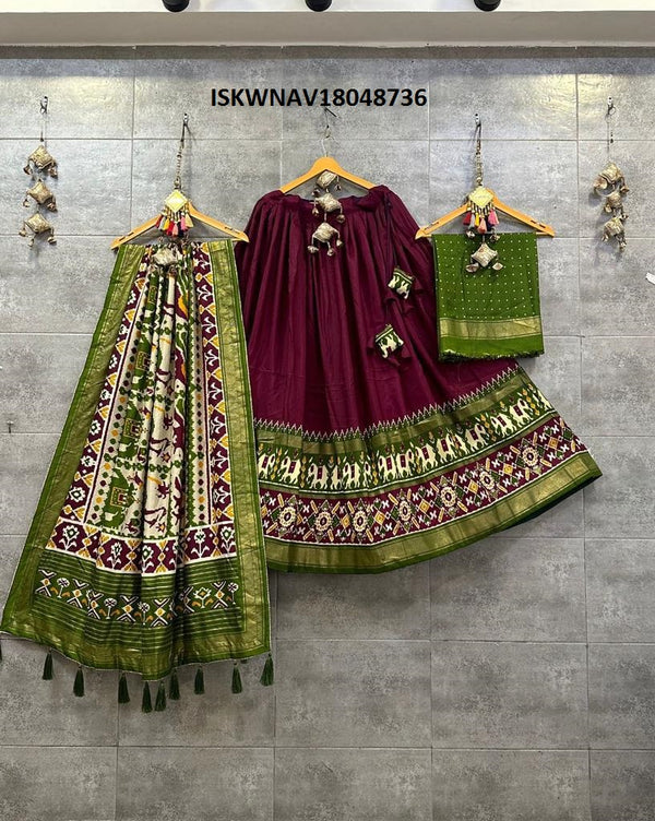 Digital Printed Tussar Silk Lehenga With Blouse And Dupatta-ISKWNAV18048736