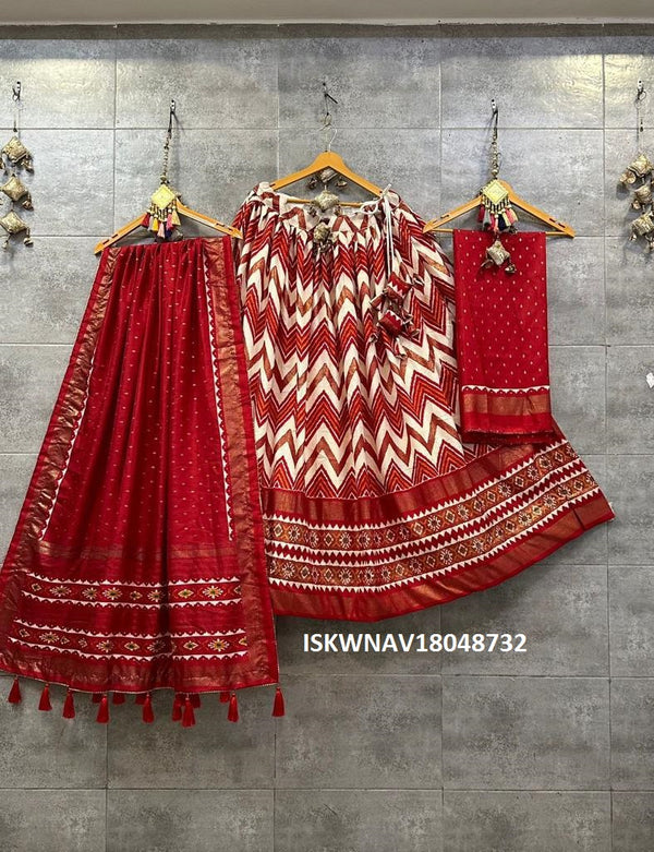 Digital Printed Tussar Silk Lehenga With Blouse And Dupatta-ISKWNAV18048732