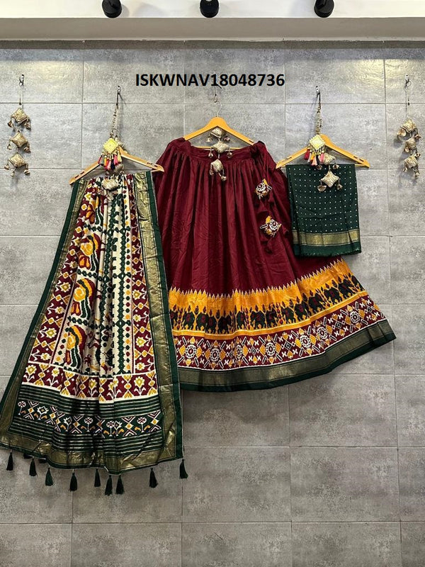 Digital Printed Tussar Silk Lehenga With Blouse And Dupatta-ISKWNAV18048736