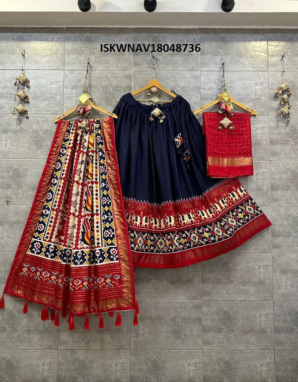 Digital Printed Tussar Silk Lehenga With Blouse And Dupatta-ISKWNAV18048736
