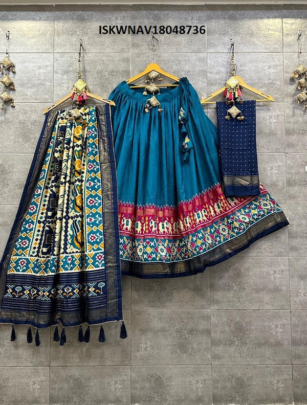 Digital Printed Tussar Silk Lehenga With Blouse And Dupatta-ISKWNAV18048736