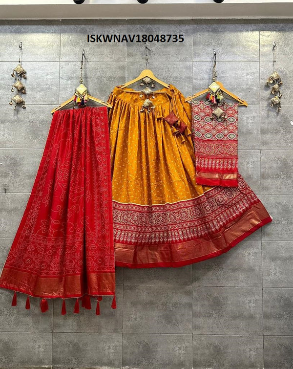 Digital Printed Tussar Silk Lehenga With Blouse And Dupatta-ISKWNAV18048735