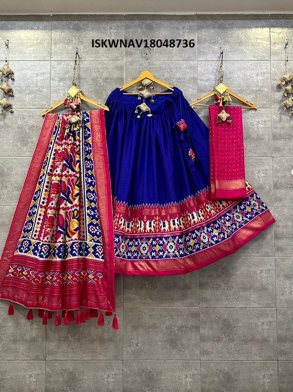 Digital Printed Tussar Silk Lehenga With Blouse And Dupatta-ISKWNAV18048736