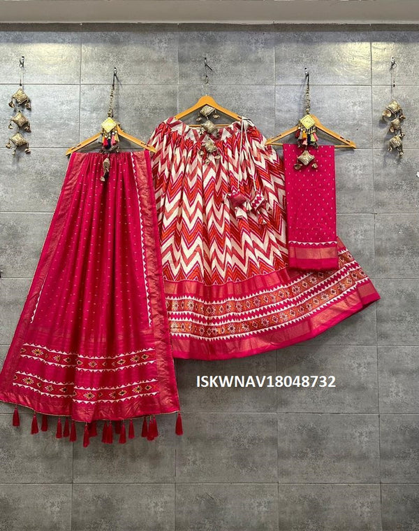 Digital Printed Tussar Silk Lehenga With Blouse And Dupatta-ISKWNAV18048732